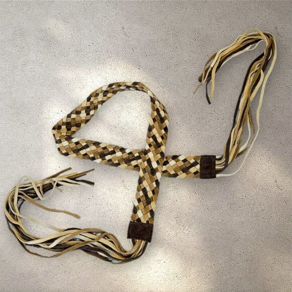 NWT New York & Co Boho Multi Brown Leather Braided Belt with Fringe Size M/L - Picture 1 of 7